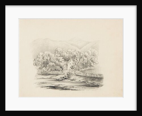 Cottage surrounded by trees, hills in background by Unknown