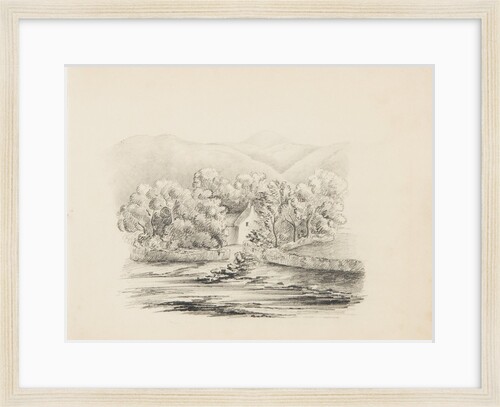 Cottage surrounded by trees, hills in background by Unknown