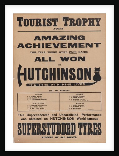 Poster promoting Hutchinson Superstudded Tyres used at the 1923 TT by Unknown