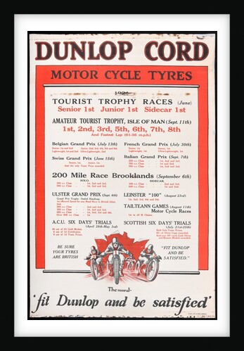Dunlop Cord motor cycle tyres poster setting out successes on these tyres during the 1924 season by Unknown