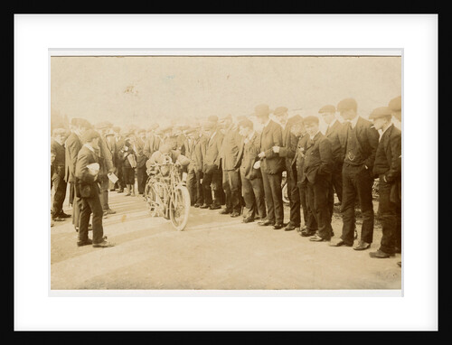 Spectators watch as a rider push starts a machine, c.1907 TT (Tourist Trophy) by Thomas Horsfell Midwood