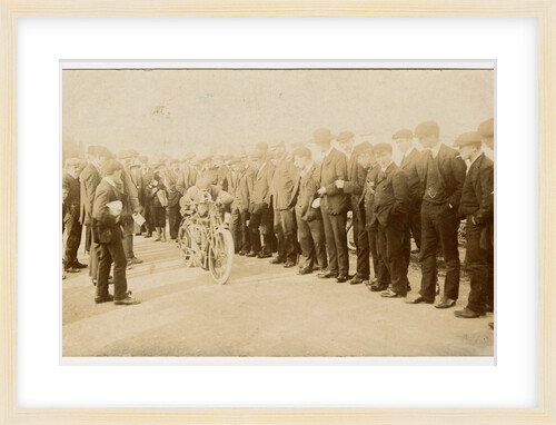 Spectators watch as a rider push starts a machine, c.1907 TT (Tourist Trophy) by Thomas Horsfell Midwood