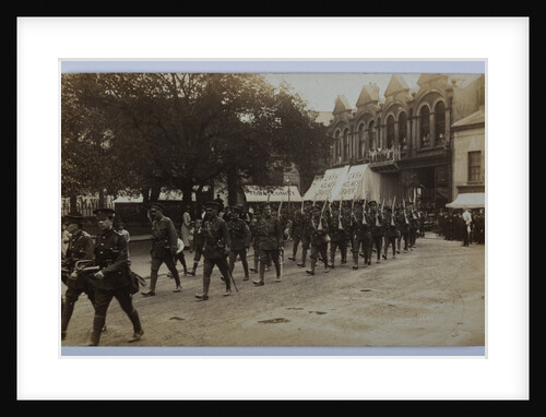 First World War soldiers marching through Ramsey, Parliament Street by George Bellett Cowen