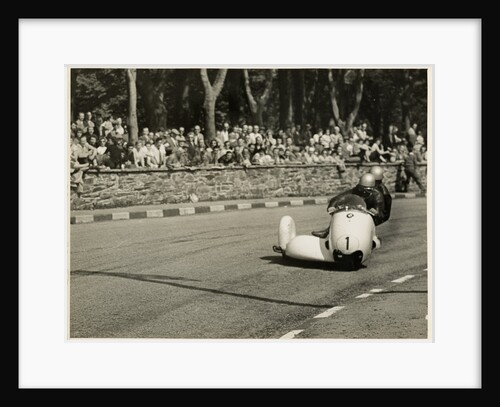 Walter Schneider aboard a BMW sidecar outfit (number 1), 1958 Sidecar TT (Tourist Trophy) by T.M. Badger