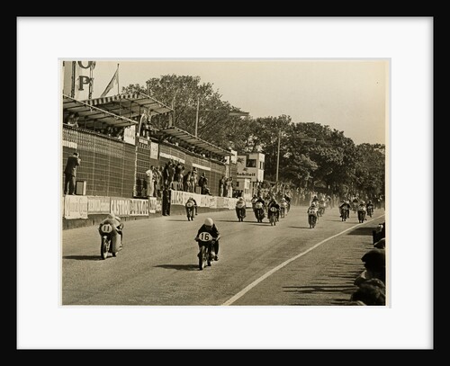 Competitors leaving the start line during the mass start of the 1958 250cc TT (Tourist Trophy) by T.M. Badger