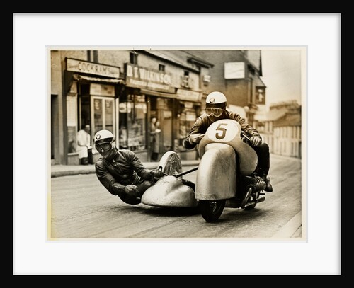 BMW sidecar outfit (number 5) passing through Onchan village by T.M. Badger