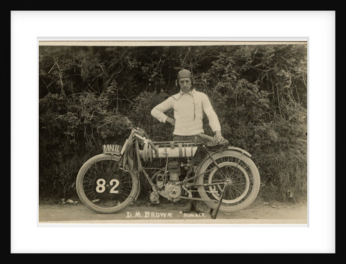 Dougie M. Brown posing with Humber machine number 82 (registration MN 11), 1914 (?) TT (Tourist Trophy) by Anonymous