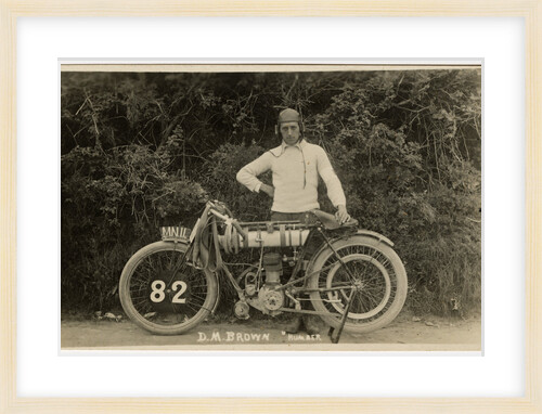 Dougie M. Brown posing with Humber machine number 82 (registration MN 11), 1914 (?) TT (Tourist Trophy) by Anonymous