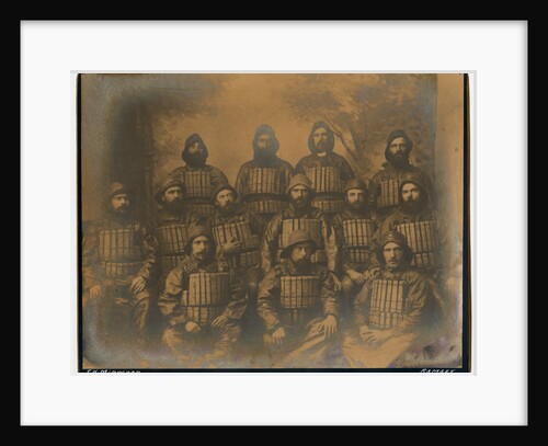 Sepia studio group portrait of named crew of the Two Sisters lifeboat, 1887 by Thomas Horsfell Midwood
