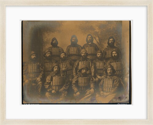 Sepia studio group portrait of named crew of the Two Sisters lifeboat, 1887 by Thomas Horsfell Midwood
