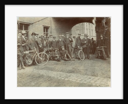 Early motorcyclists group at Quiggin's Timber Yard, Douglas by Donald Collister