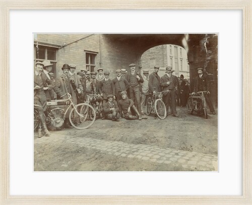 Early motorcyclists group at Quiggin's Timber Yard, Douglas by Donald Collister