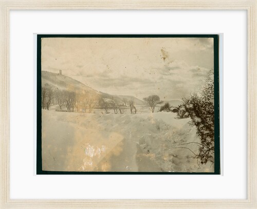 Snow covered scene with Ballure Church in the background by George Bellett Cowen