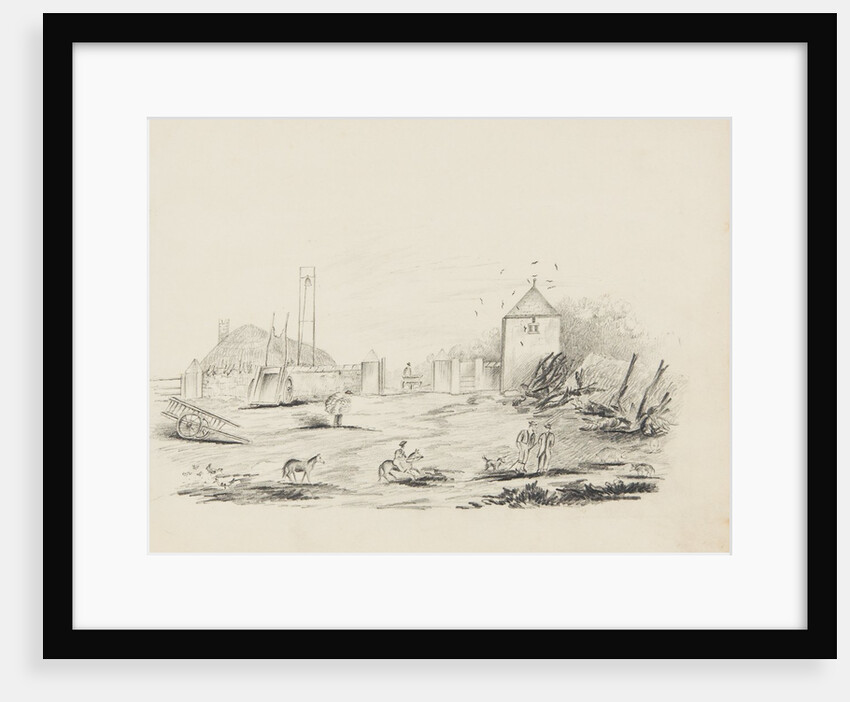 Farmyard with figures, farm carts, horses and a dove cote or pigeon tower to right-hand side by Unknown