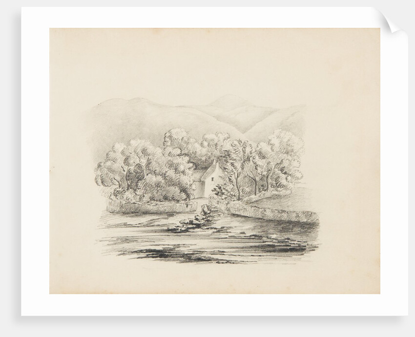 Cottage surrounded by trees, hills in background by Unknown