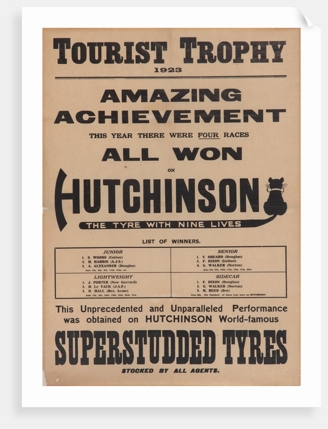 Poster promoting Hutchinson Superstudded Tyres used at the 1923 TT by Unknown
