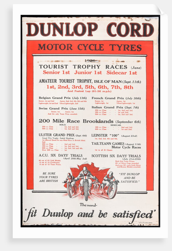 Dunlop Cord motor cycle tyres poster setting out successes on these tyres during the 1924 season by Unknown