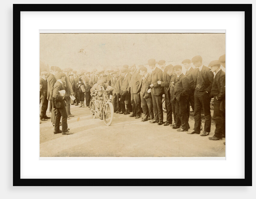 Spectators watch as a rider push starts a machine, c.1907 TT (Tourist Trophy) by Thomas Horsfell Midwood