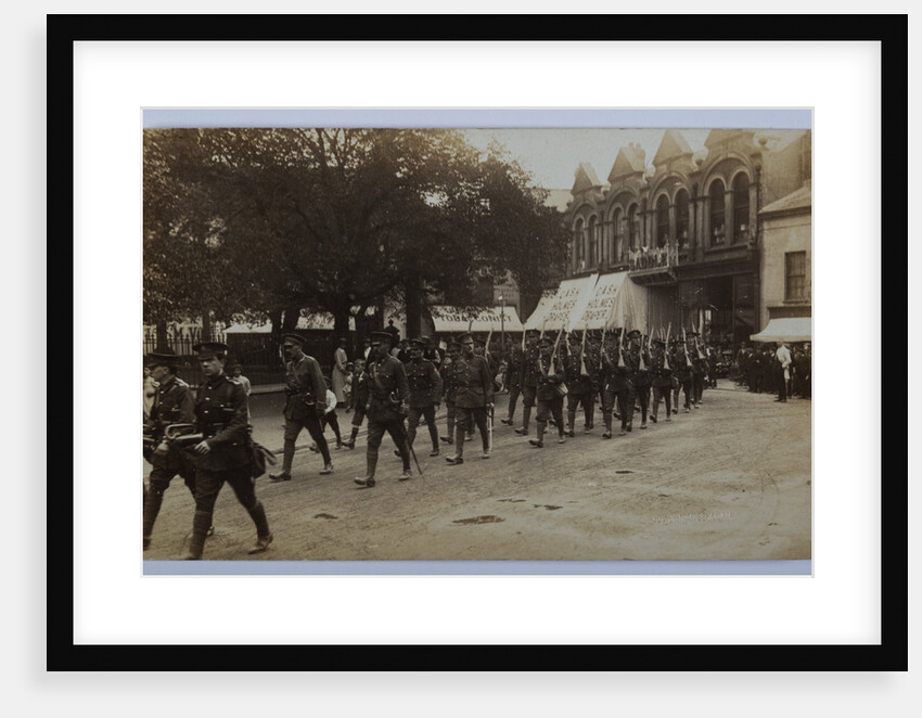 First World War soldiers marching through Ramsey, Parliament Street by George Bellett Cowen