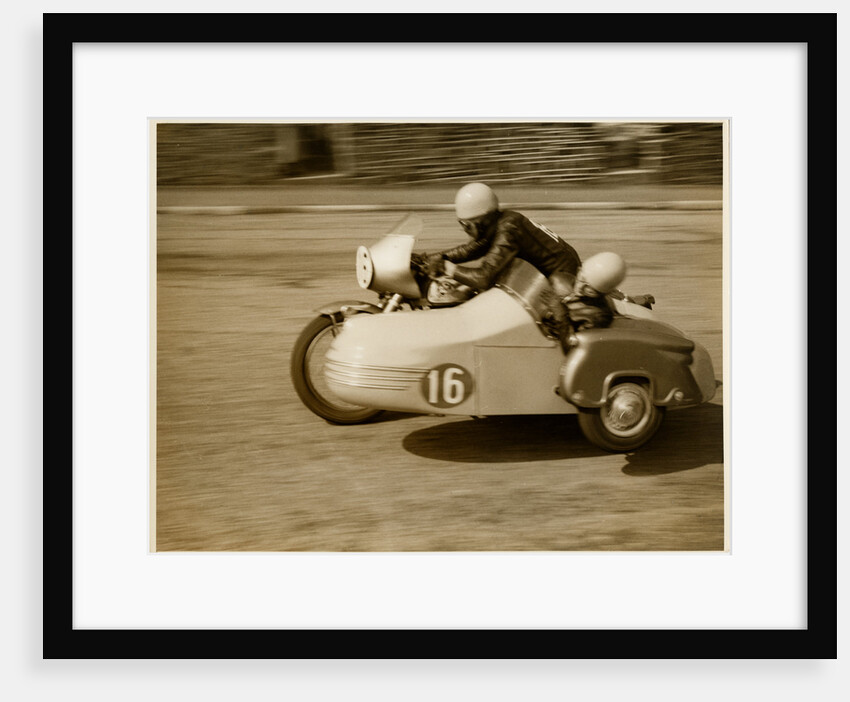 Eric Oliver driving sidecar outfit (number 16), 1958 (?) Sidecar TT (Tourist Trophy) by T.M. Badger