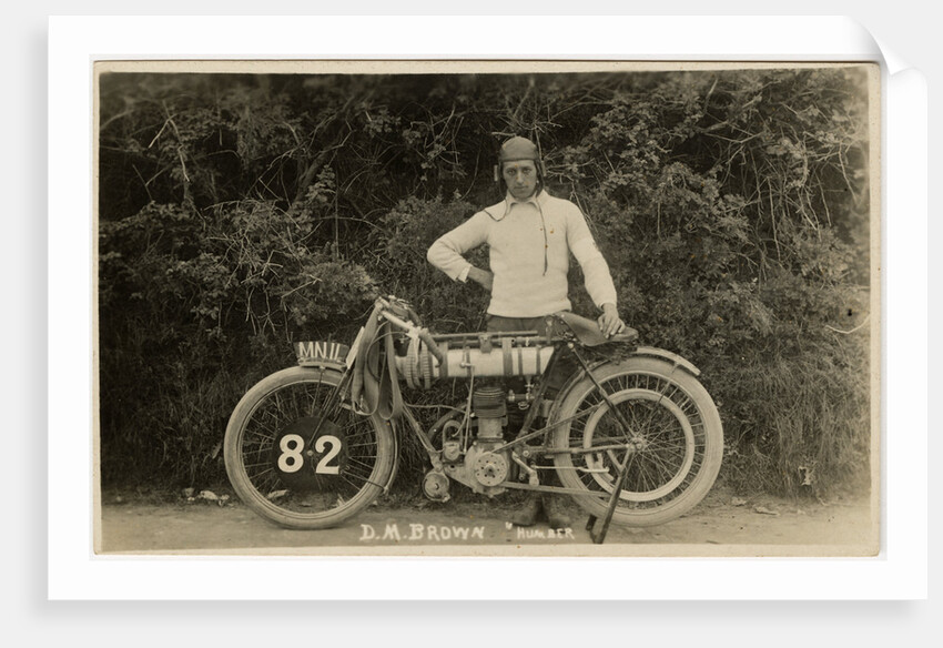 Dougie M. Brown posing with Humber machine number 82 (registration MN 11), 1914 (?) TT (Tourist Trophy) by Anonymous
