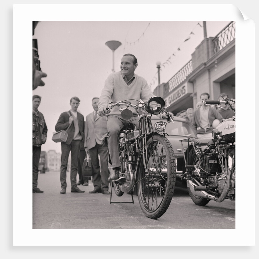 Mike Hailwood on vintage motorcycle, Villa Marina by Manx Press Pictures