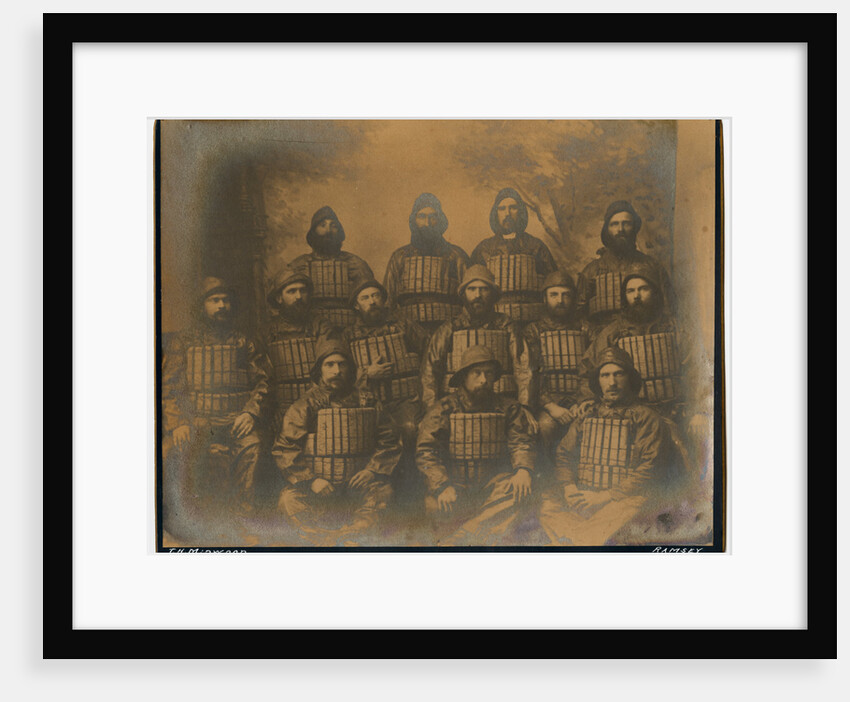 Sepia studio group portrait of named crew of the Two Sisters lifeboat, 1887 by Thomas Horsfell Midwood