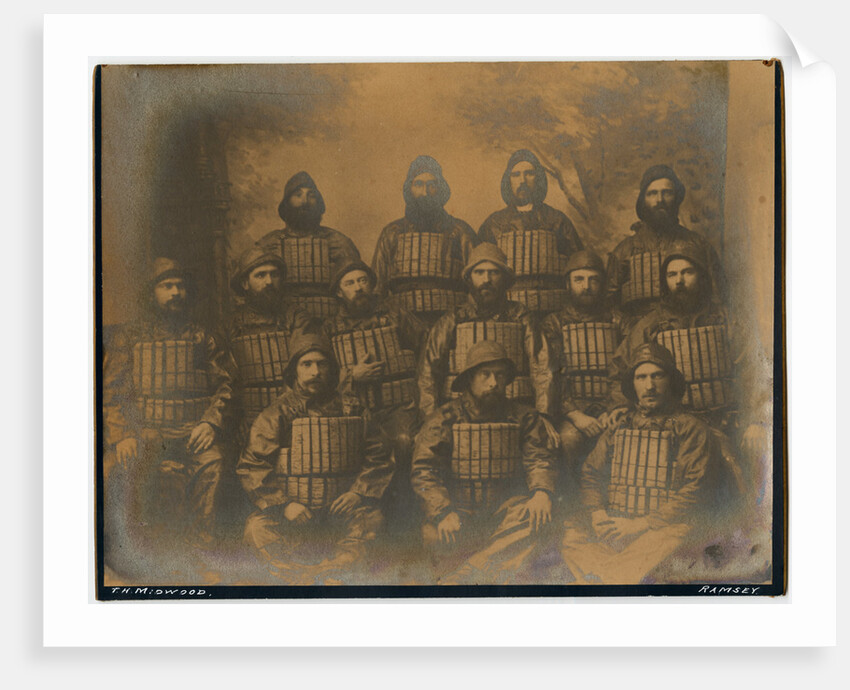 Sepia studio group portrait of named crew of the Two Sisters lifeboat, 1887 by Thomas Horsfell Midwood