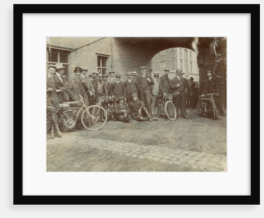 Early motorcyclists group at Quiggin's Timber Yard, Douglas by Donald Collister