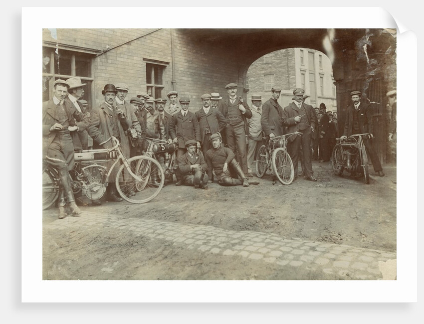 Early motorcyclists group at Quiggin's Timber Yard, Douglas by Donald Collister
