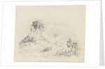 Group of figures and horses on side of hill to left-hand side. by Unknown