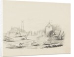 Farmyard with figures, farm carts, horses and a dove cote or pigeon tower to right-hand side by Unknown