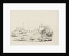 Farmyard with figures, farm carts, horses and a dove cote or pigeon tower to right-hand side by Unknown