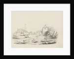 Farmyard with figures, farm carts, horses and a dove cote or pigeon tower to right-hand side by Unknown