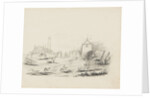 Farmyard with figures, farm carts, horses and a dove cote or pigeon tower to right-hand side by Unknown