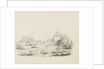 Farmyard with figures, farm carts, horses and a dove cote or pigeon tower to right-hand side by Unknown