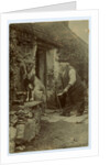 John Kinnish ('Old Pete') outside his cottage - with goat by Thomas Horsfell Midwood