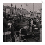 Radio Caroline disc jockeys Tony Prince and Dave Lee Travis on boat, East Quay, Ramsey Harbour by Manx Press Pictures