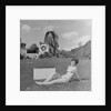 Woman in bikini advertising portable electric heater, Laxey Wheel by Manx Press Pictures