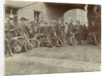 Early motorcyclists group at Quiggin's Timber Yard, Douglas by Donald Collister