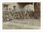Early motorcyclists group at Quiggin's Timber Yard, Douglas by Donald Collister