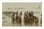 Women employed herring processing or 'fish girls' captured washing down their aprons, Port St Mary by Vere Lawrence Swales