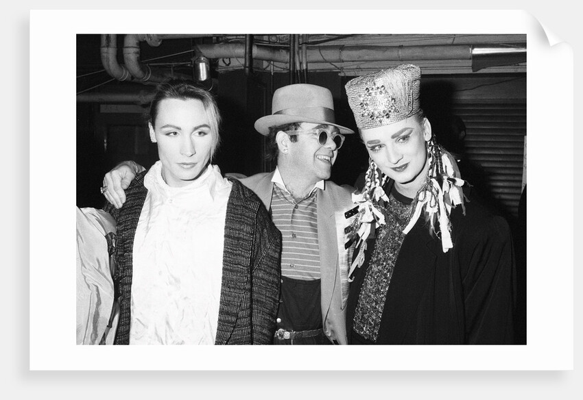 Boy George with with friend Marilyn and Elton John by Will Dyson