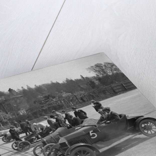 Morris, Morgan and Crouch cars on the start line of a motor race, Brooklands, 1914 by Bill Brunell