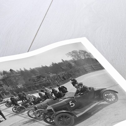 Morris, Morgan and Crouch cars on the start line of a motor race, Brooklands, 1914 by Bill Brunell