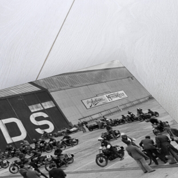 Motorcycles on the start line at the MCC Members Meeting, Brooklands, 10 September 1938 by Bill Brunell