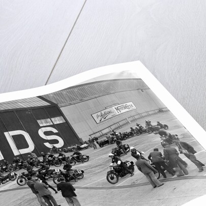 Motorcycles on the start line at the MCC Members Meeting, Brooklands, 10 September 1938 by Bill Brunell