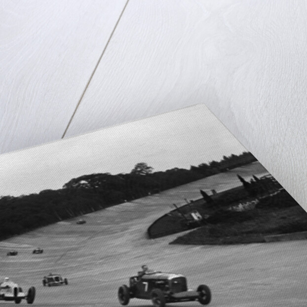 Bentley leading a Barnato-Hassan Special and a Jensen, October Long Handicap, Brooklands, 1938 by Bill Brunell