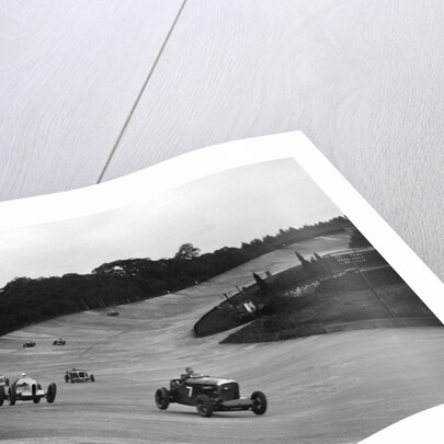 Bentley leading a Barnato-Hassan Special and a Jensen, October Long Handicap, Brooklands, 1938 by Bill Brunell