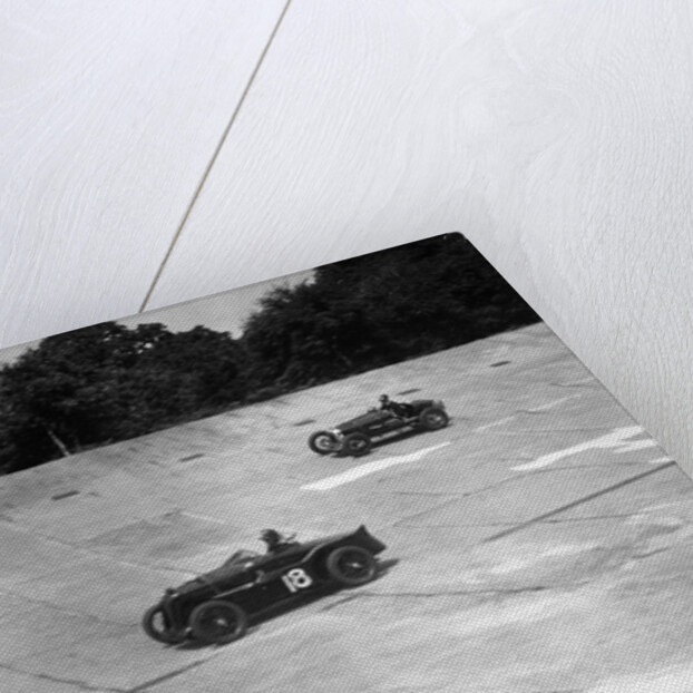 MG C type and Amilcar C6 racing on the banking at Brooklands by Bill Brunell